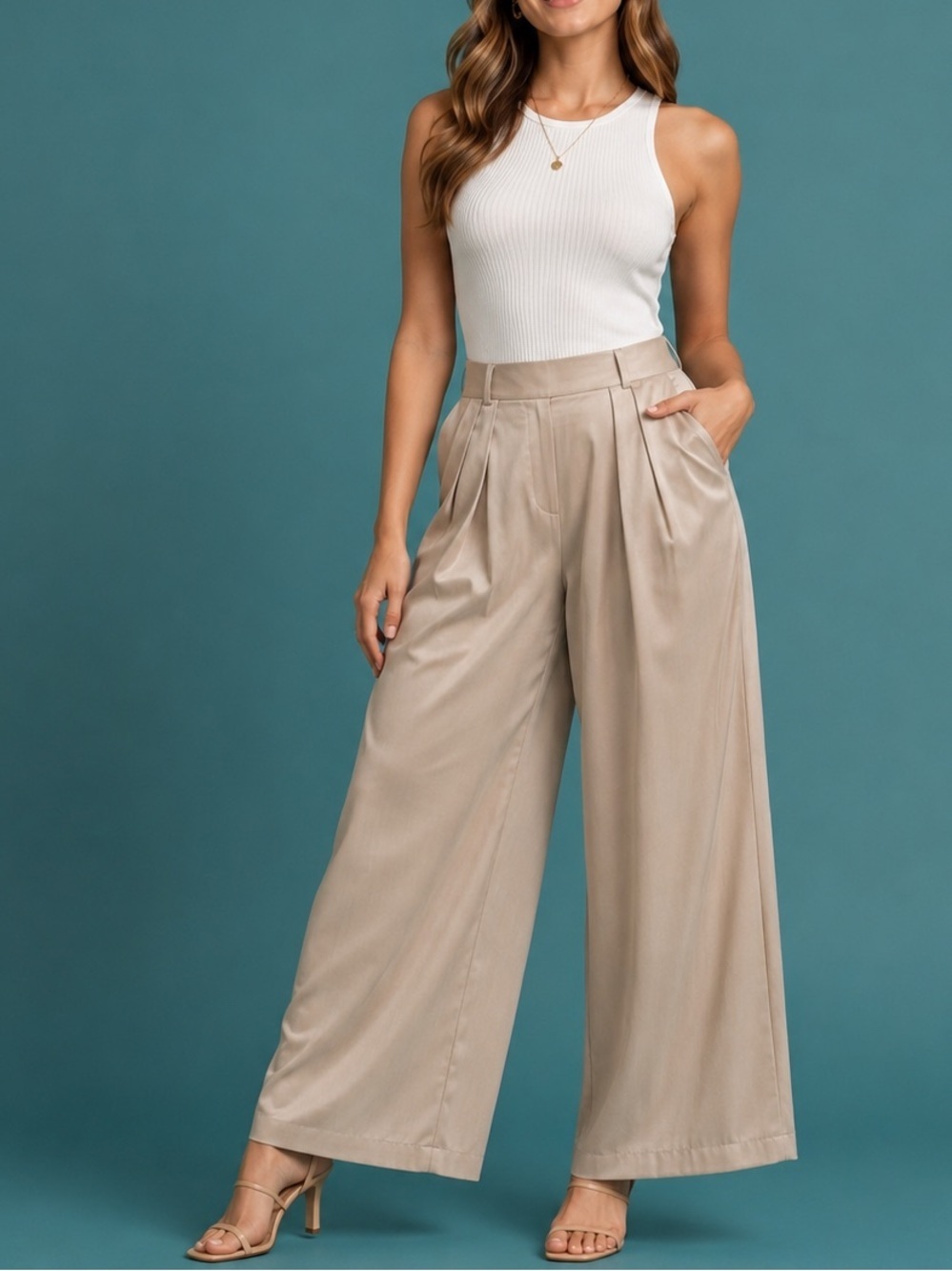 CIDER Khaki Wide-Leg Tailored Pants | Size Large